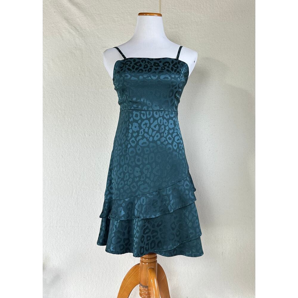 Altar'd State Dress Teal Animal Print Tiered Ruffle Size S Cocktails Coquette